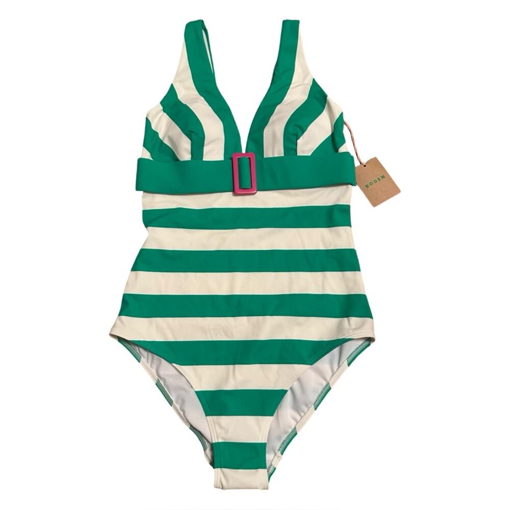 NEW - BODEN women PORTO V-NECK resin buckle one piece swimsuit green white SZ 6L - Picture 2 of 15